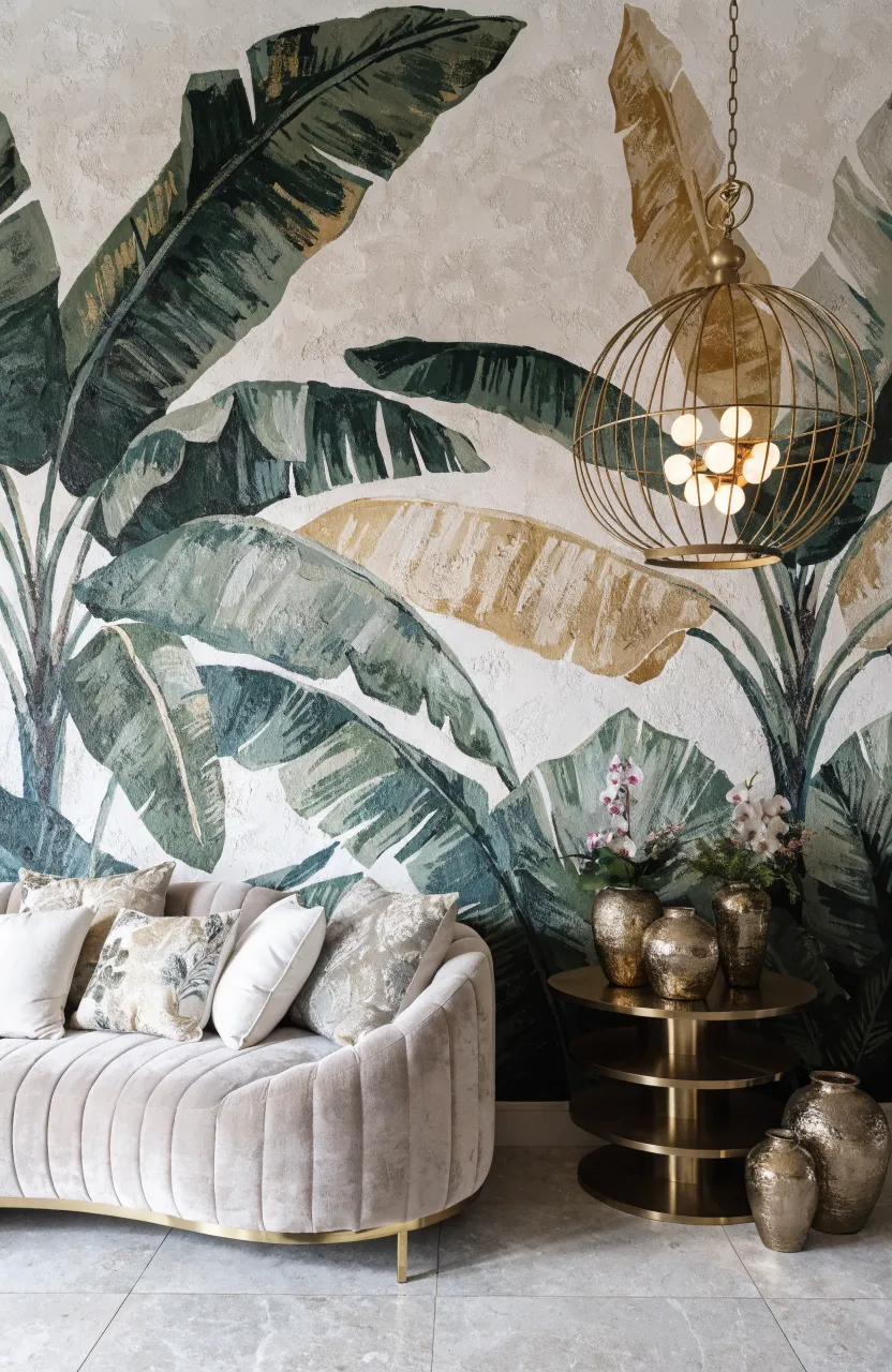 A curved velvet sofa in front of a green and gold tropical palm leaf mural.