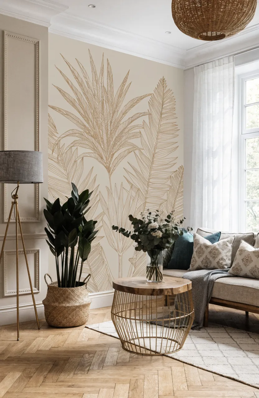 White living room with cream botanical wallpaper featuring palm and fern line art.