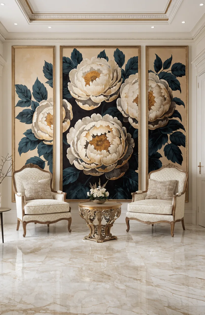 Three framed mural panels showing black and gold peonies on a cream wall.