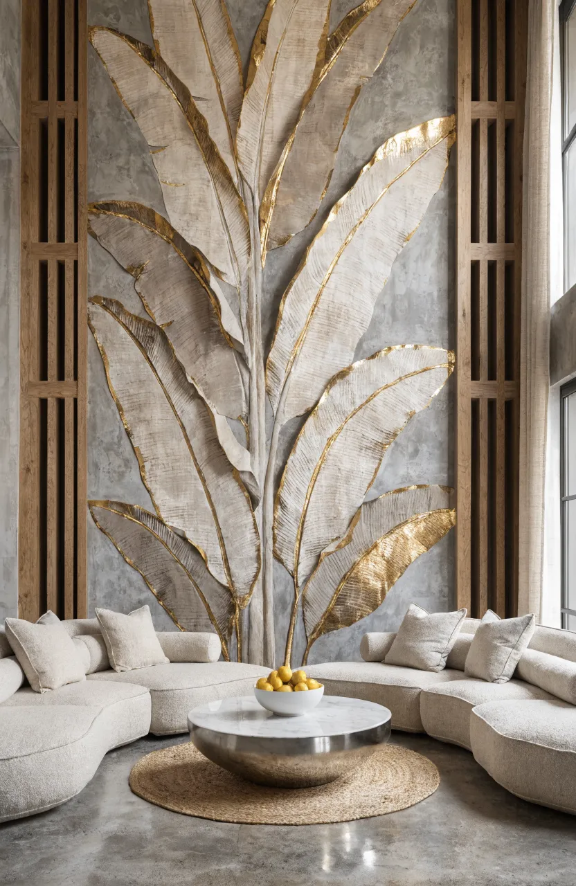 Beige tropical leaves with gold metallic veins against a grey concrete-textured wall.
