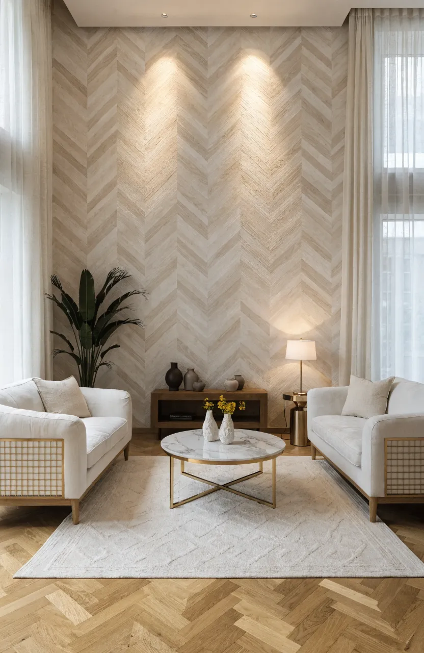 Elegant living room with a cream and beige herringbone textured accent wall.
