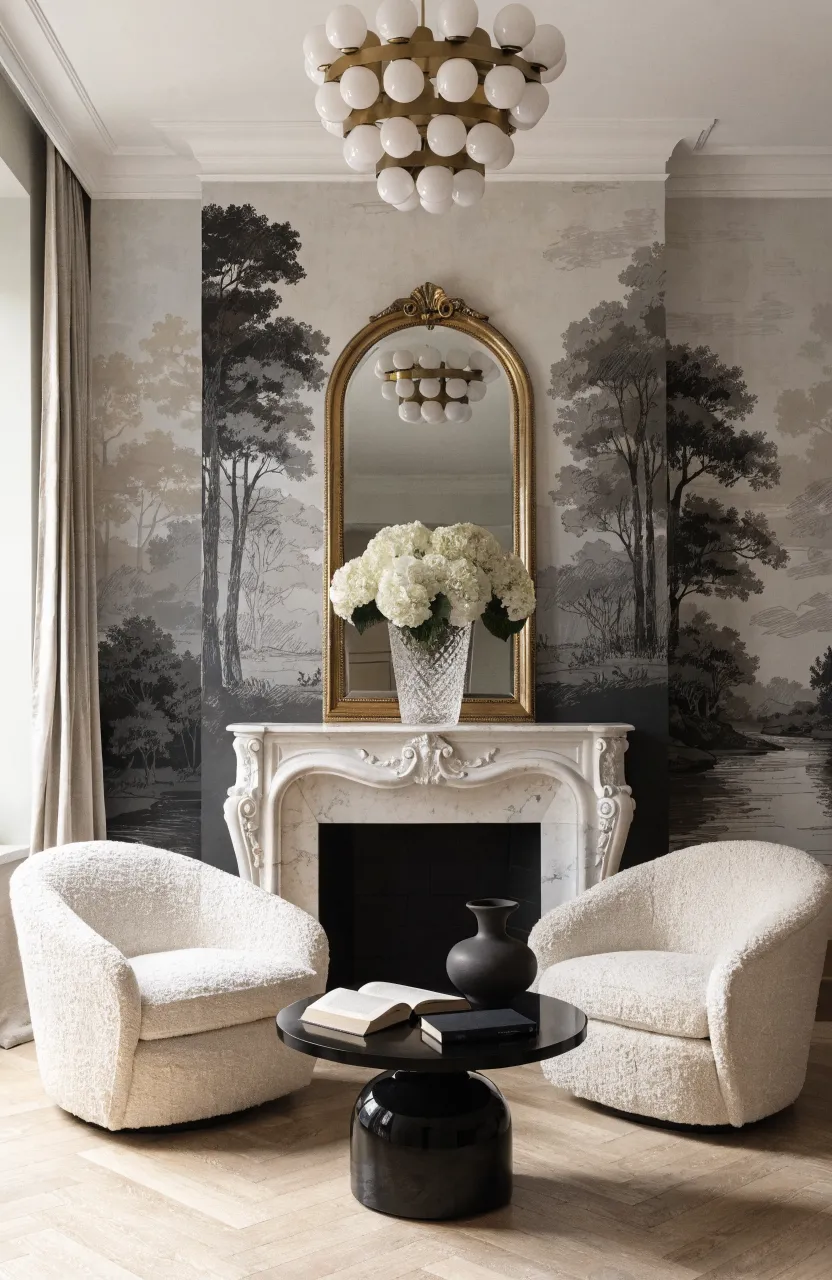 Parisian-style living room with a grayscale landscape mural and an ornate gold mirror.