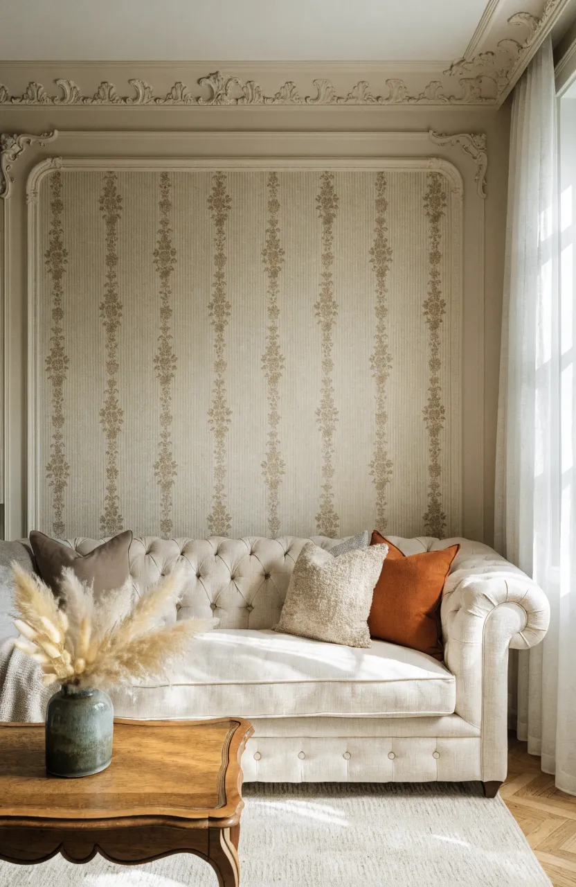Muted beige floral damask wallpaper framed by white ornate wall molding.