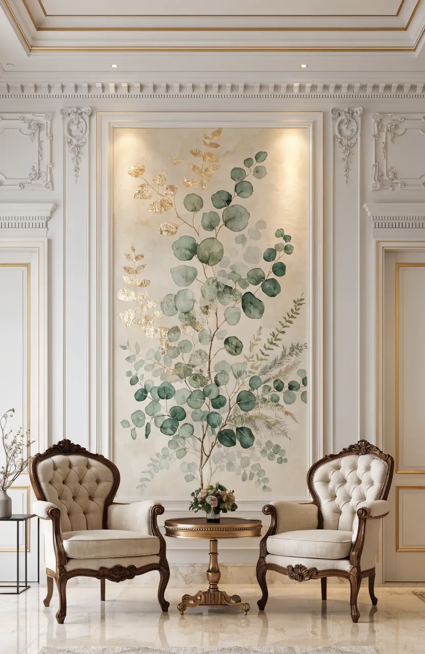 Parisian living room with boiserie panels containing watercolor eucalyptus mural art.