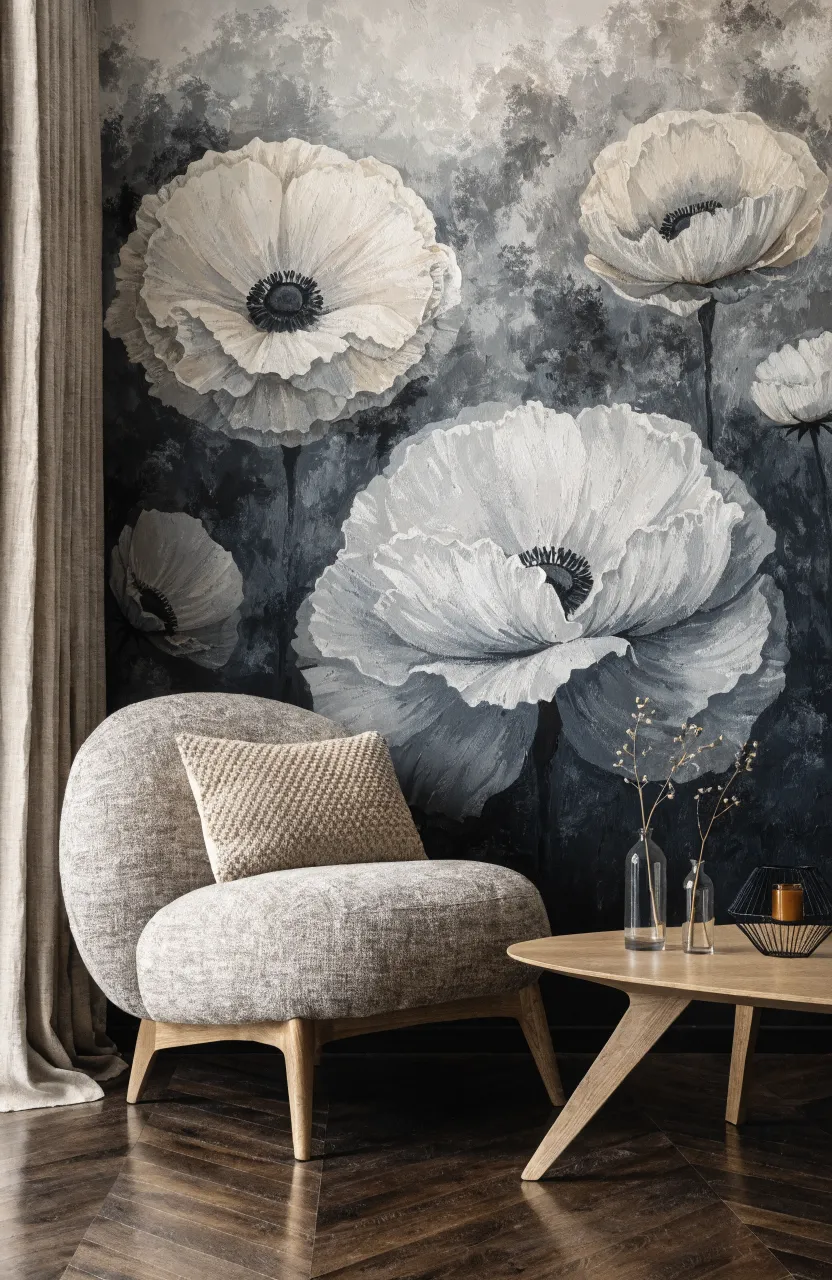 A dramatic painterly floral mural with oversized white blossoms on a charcoal background.