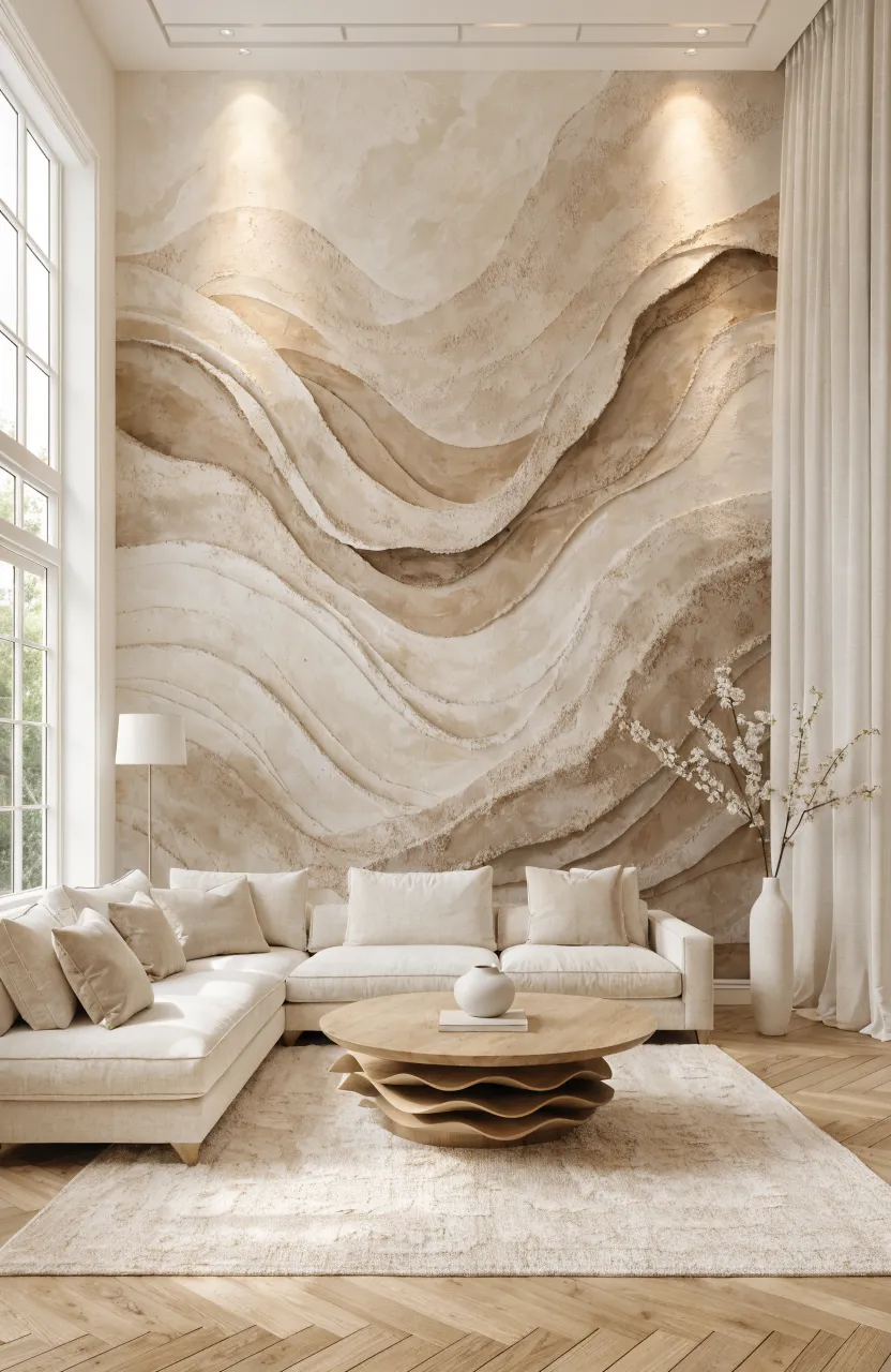 A modern living room with a fluid wave mural in cream and taupe shades.