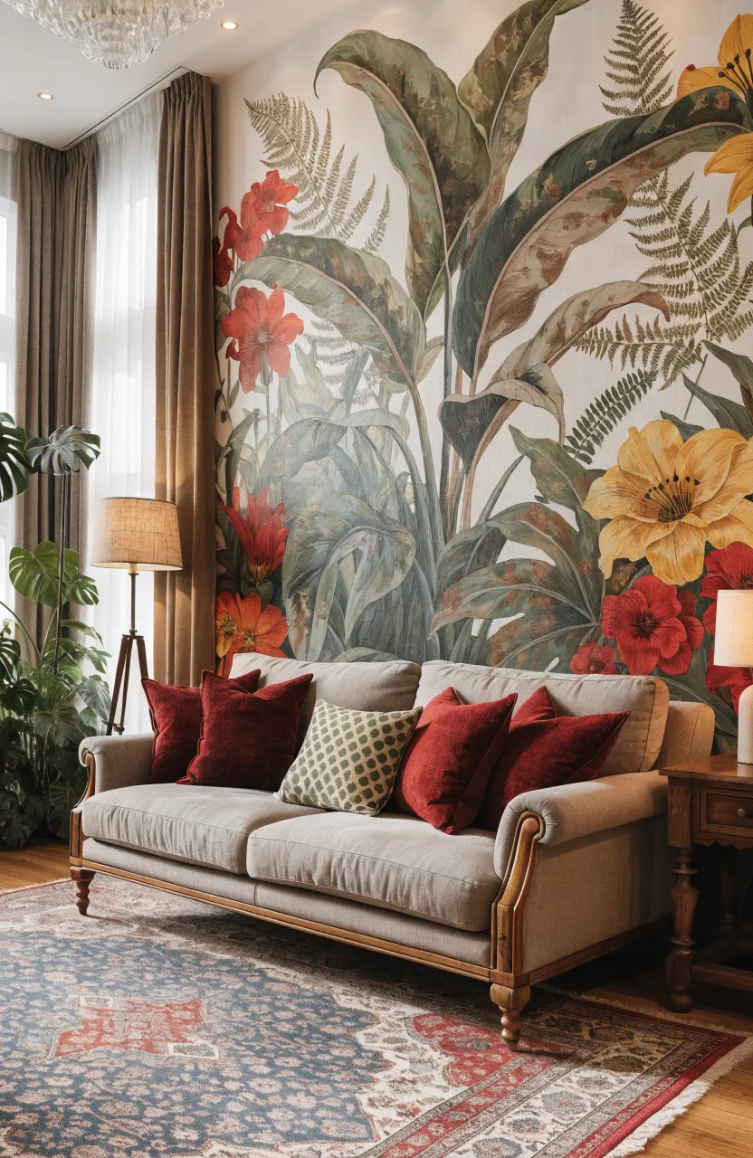 A large-scale botanical mural with reaching tropical leaves and red flowers behind a beige sofa.