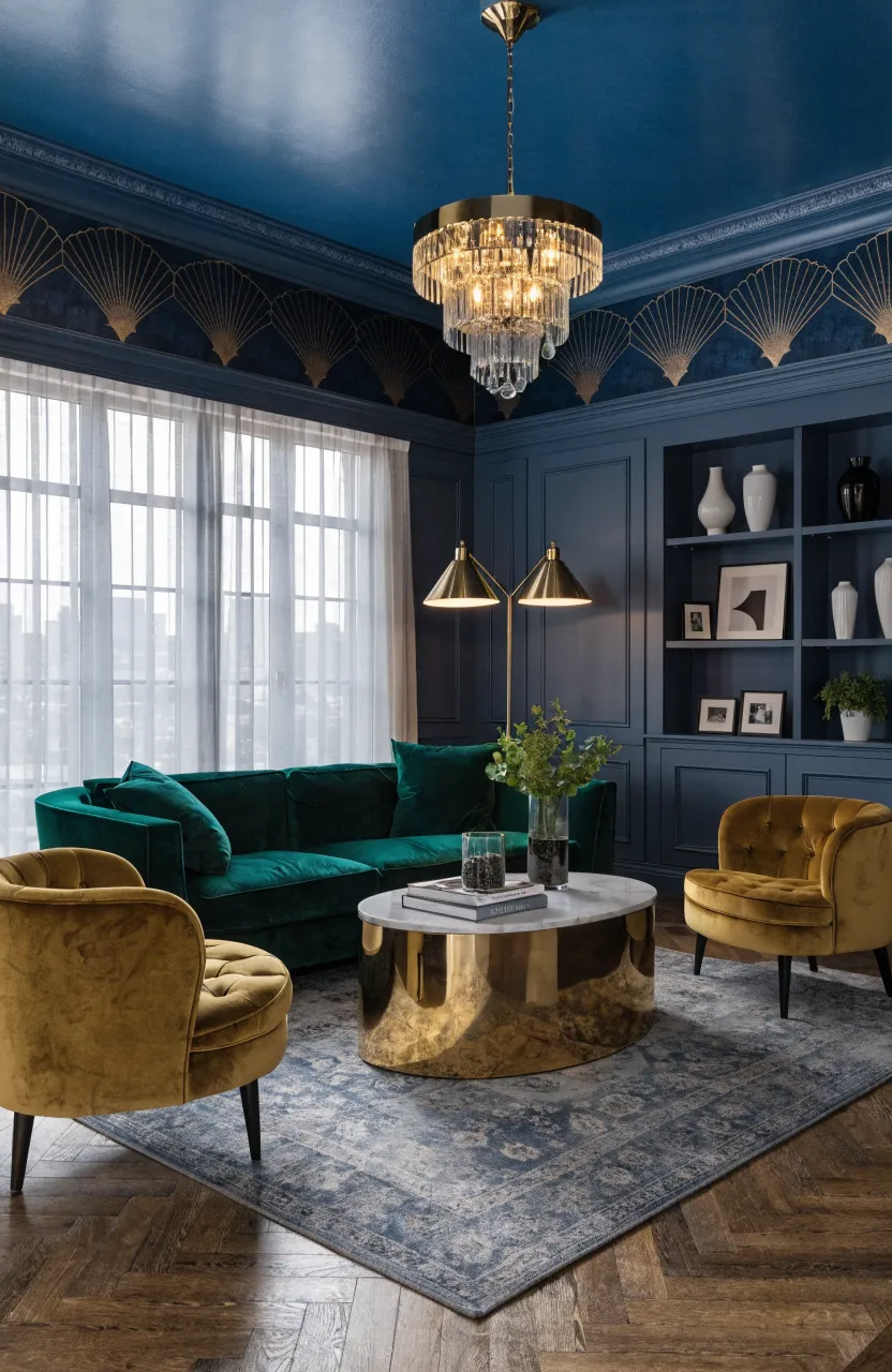 Modern Art Deco living room with navy and gold fan pattern wallpaper and green velvet sofa.