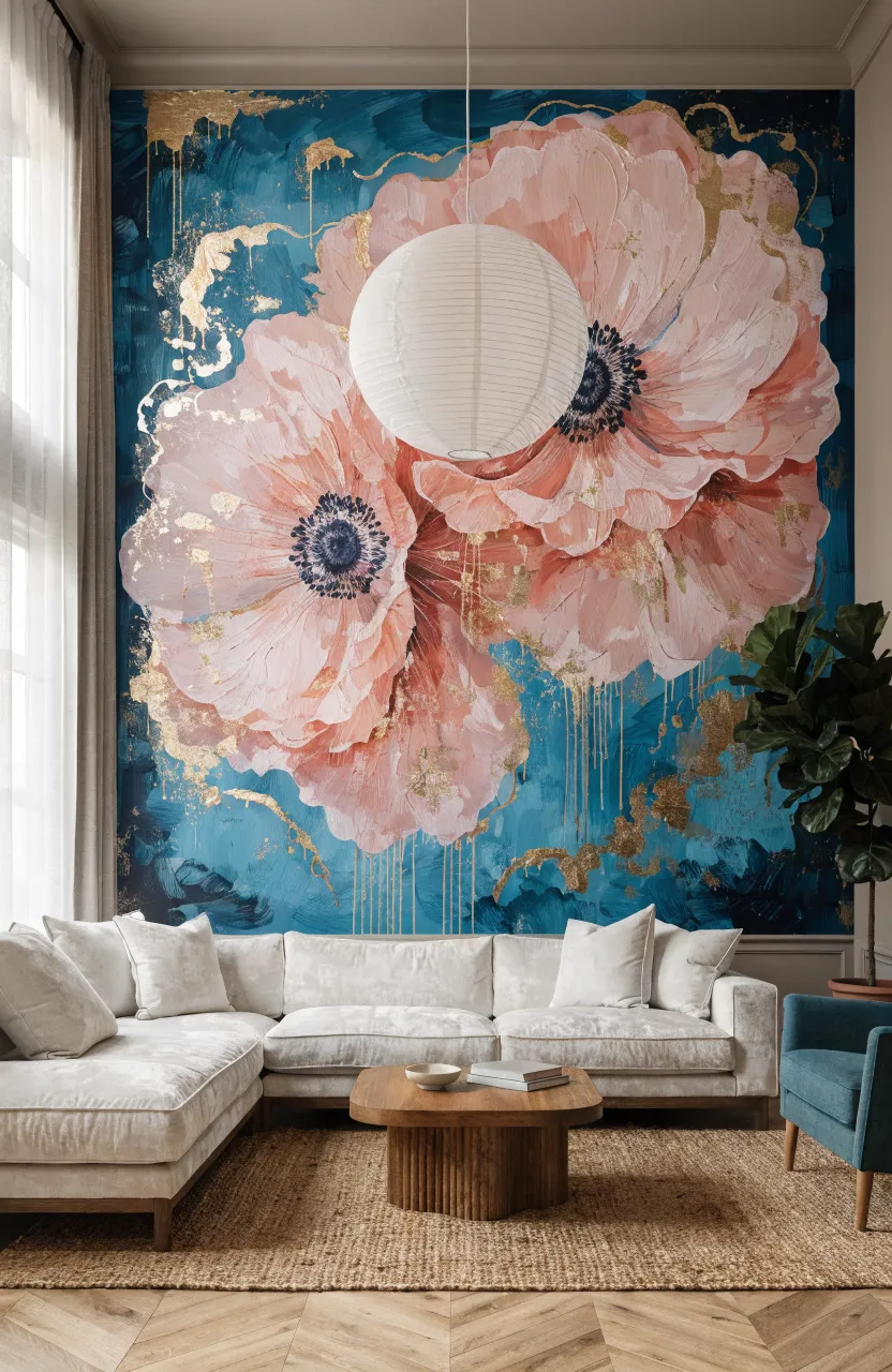 Hand-painted floral mural with peach blossoms on a teal background with gold drips.