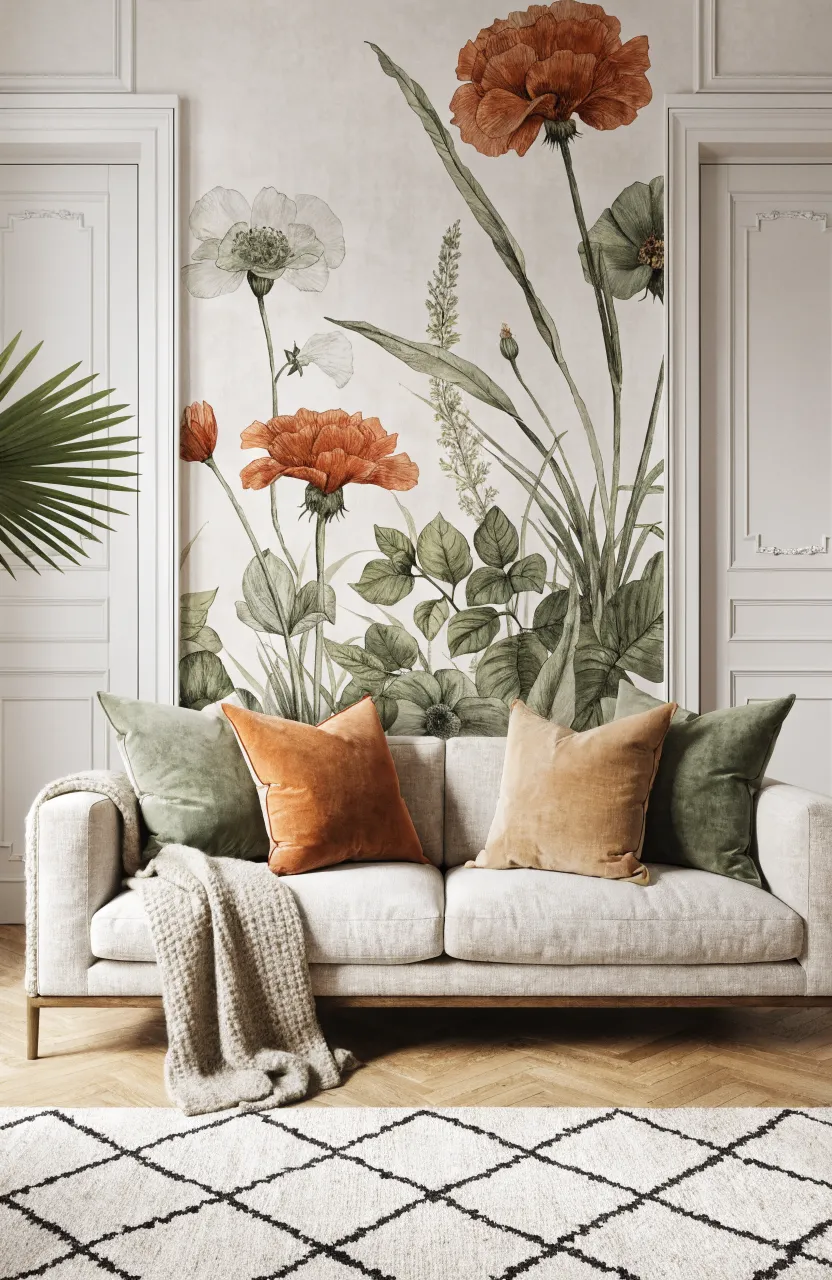 Floor-to-ceiling botanical wallpaper with wildflowers behind a beige modern sofa.