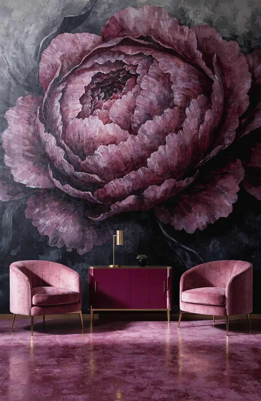 Deep mauve and burgundy macro floral mural with matching dusty rose velvet chairs.