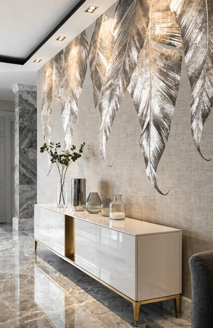 Metallic palm leaf mural on beige textured wallpaper above a white TV console.