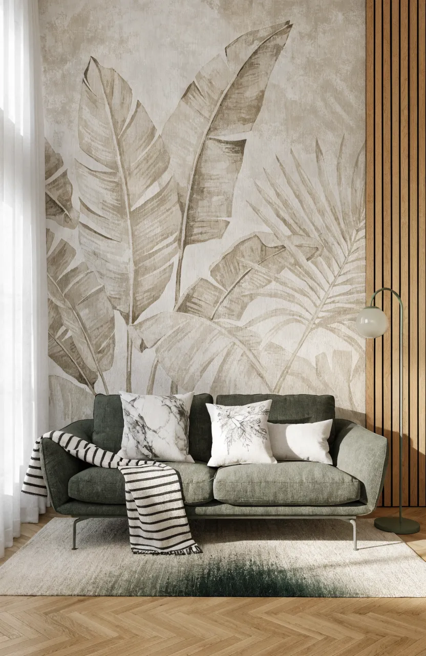 A sage green sofa positioned in front of a linen-textured tropical palm leaf mural.