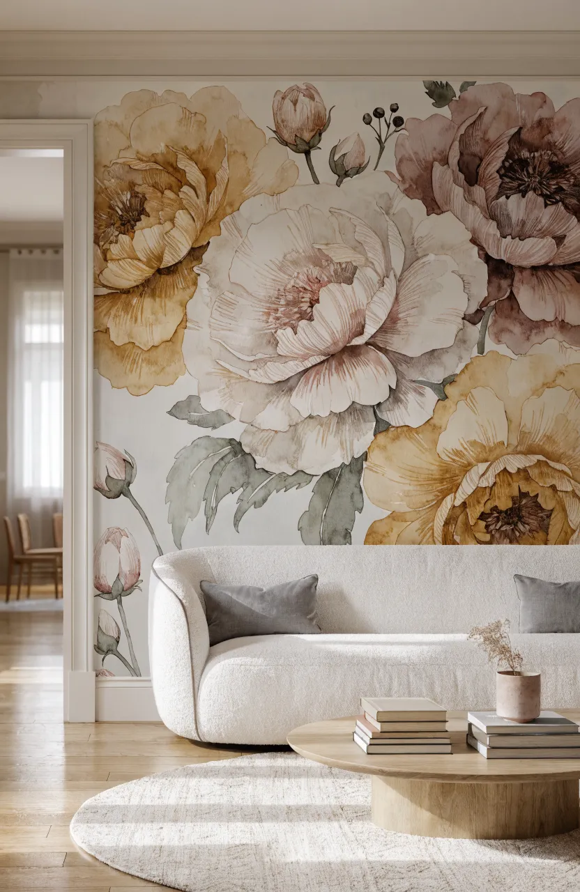 Artistic watercolor floral mural with cream, yellow, and rose flowers behind a white sofa.