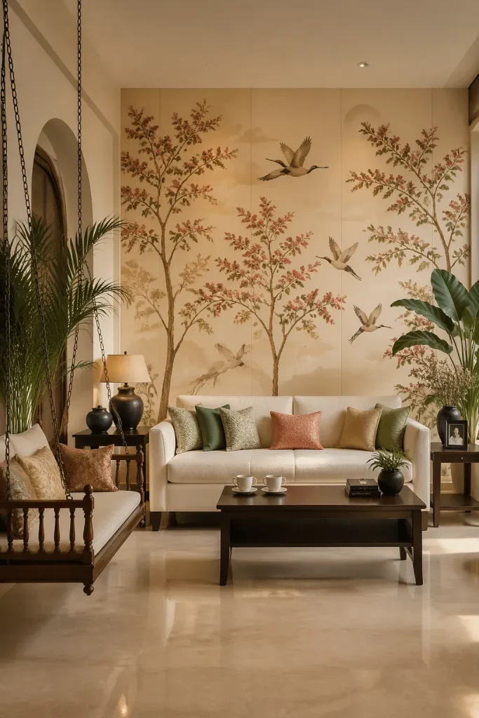 Large-scale botanical mural with slender flowering trees and birds against a cream background in an airy living room.