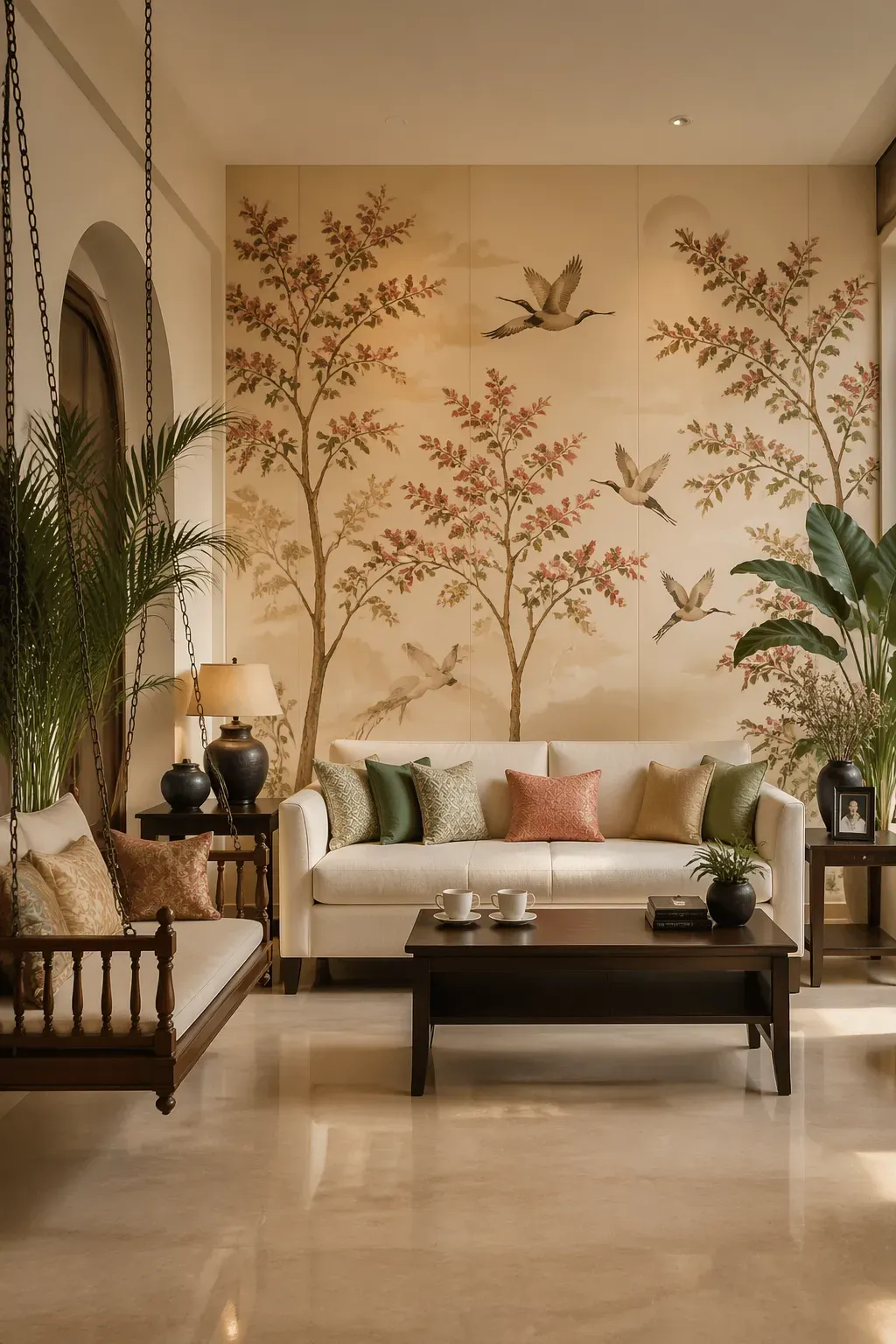 Large-scale botanical mural with slender flowering trees and birds against a cream background in an airy living room.