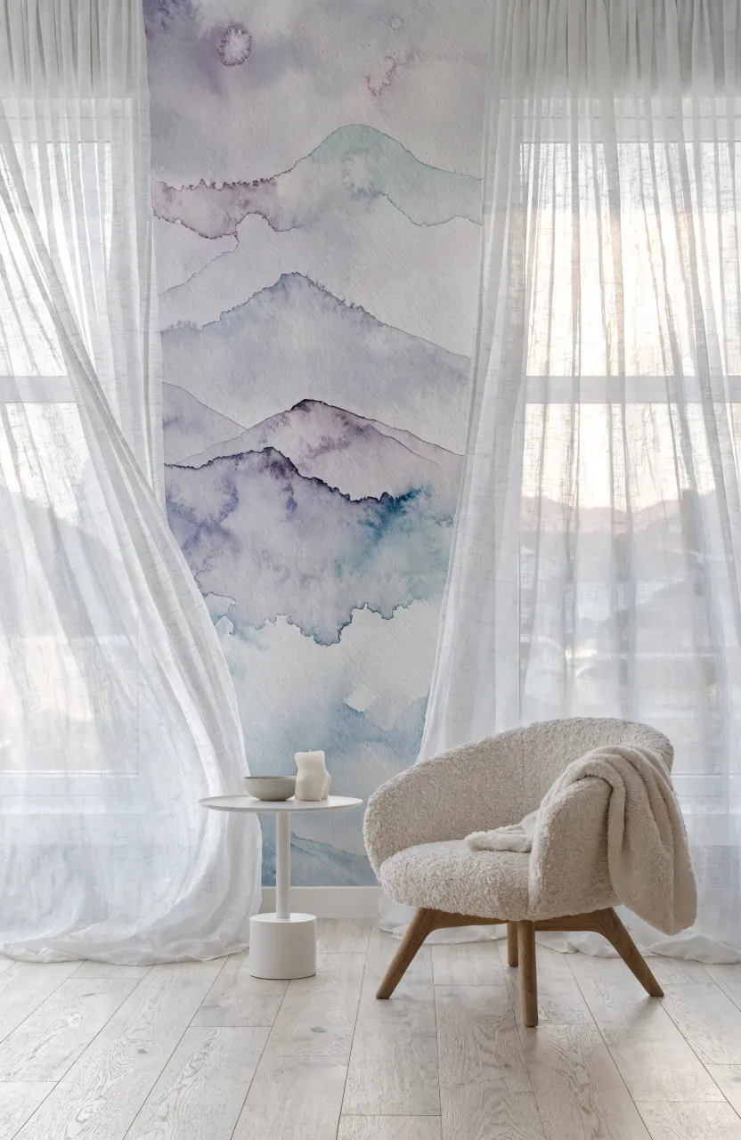 A serene living room with soft pastel watercolor landscape wallpaper and a white bouclé chair.