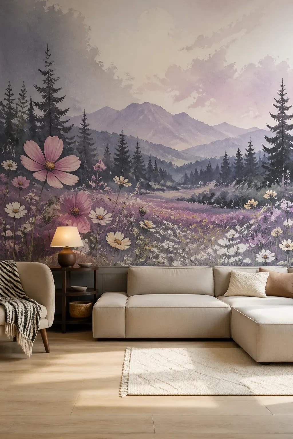 Watercolor mural depicting a misty mountain range, pine forest, and a field of lavender and white flowers.