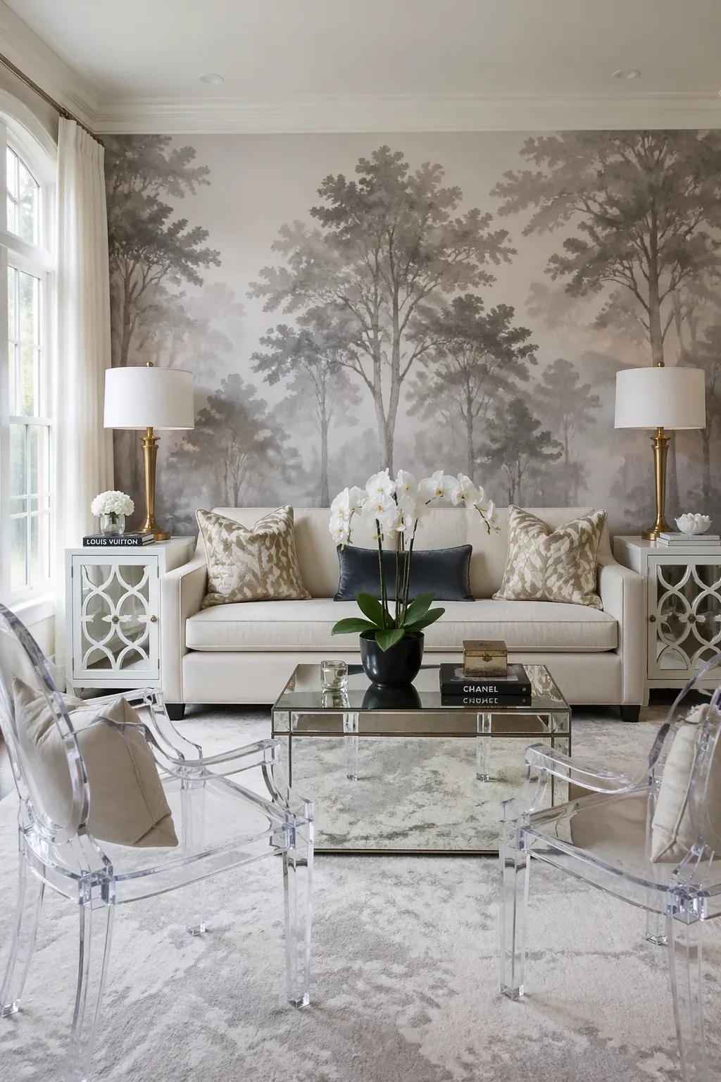 Monochromatic misty forest mural in shades of gray and taupe spanning the back wall of a luxury living room.