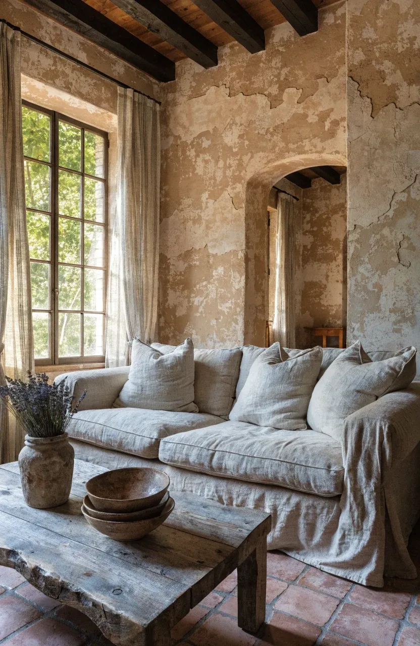 A relaxed living room with textured, weathered plaster-effect wallpaper and a linen sofa.