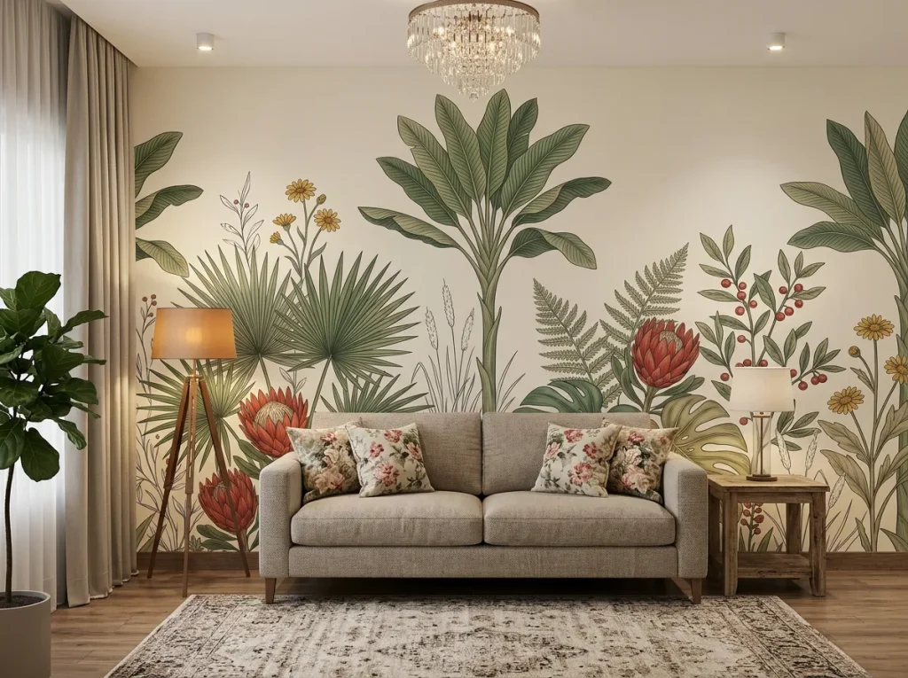 A botanical-themed living room featuring a vintage tropical floral mural wallpaper behind a grey sofa.