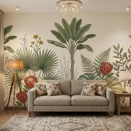 A botanical-themed living room featuring a vintage tropical floral mural wallpaper behind a grey sofa.