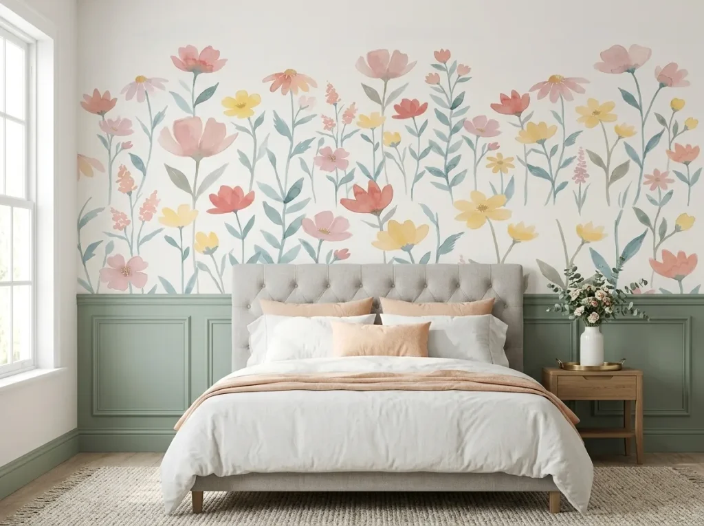A whimsical bedroom featuring a Wildflower Wall Mural above sage green wainscoting and a tufted neutral headboard.