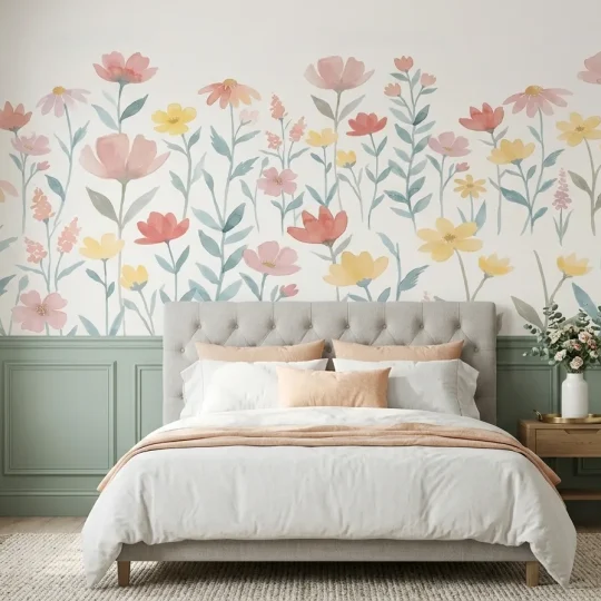 A whimsical bedroom featuring a Wildflower Wall Mural above sage green wainscoting and a tufted neutral headboard.