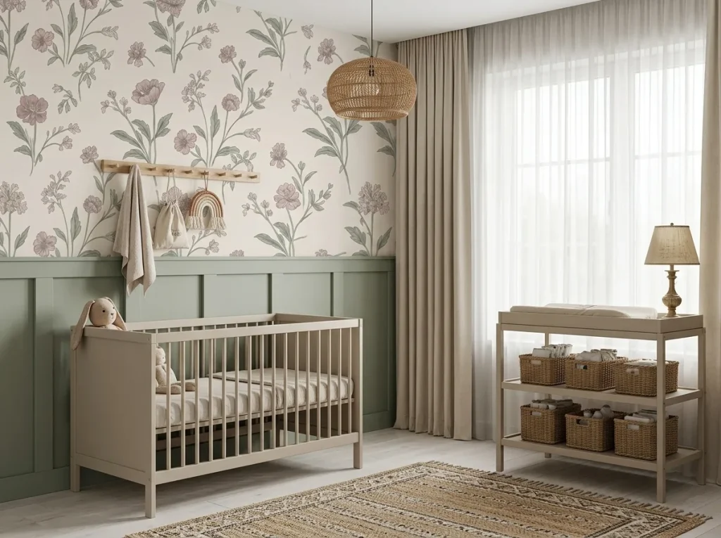 Modern cottagecore nursery showcasing a wildflower botanical wallpaper above sage green wainscoting near a white crib.