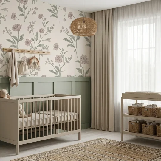 Modern cottagecore nursery showcasing a wildflower botanical wallpaper above sage green wainscoting near a white crib.
