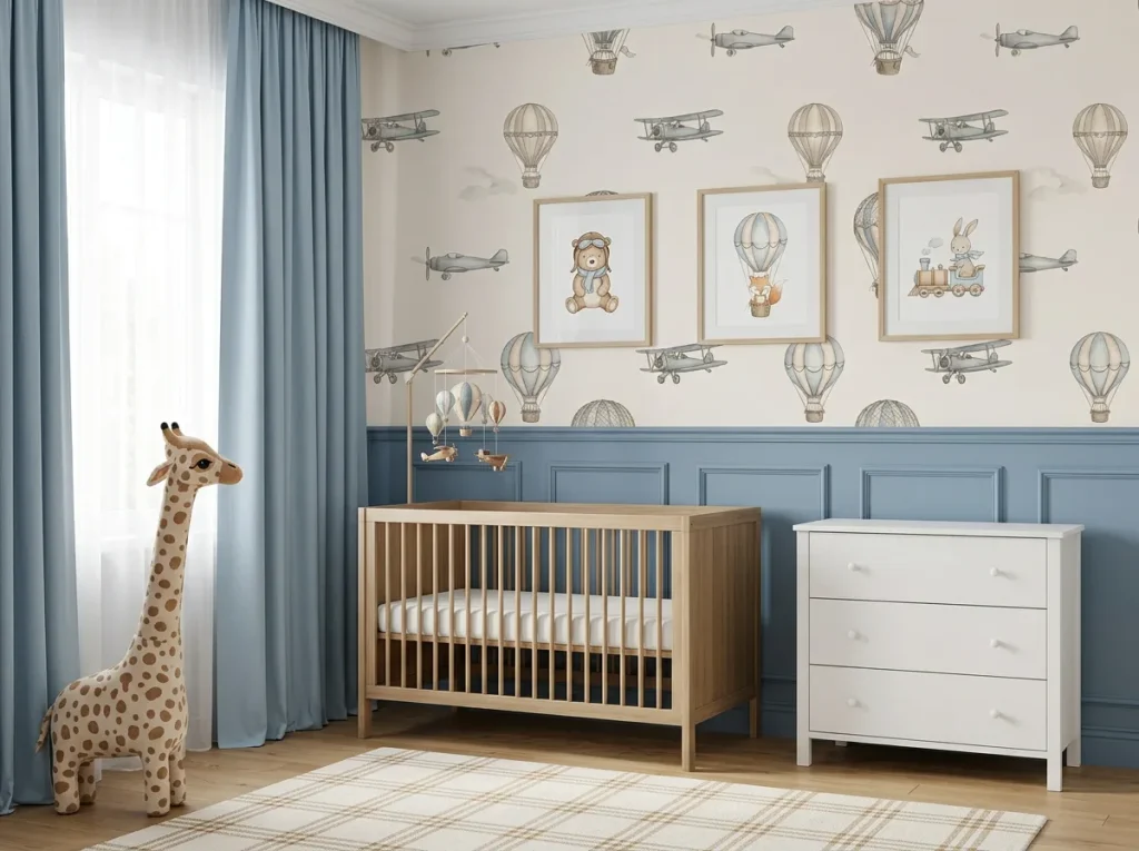 A modern nursery interior featuring Vintage Aviation wallpaper and blue wainscoting.