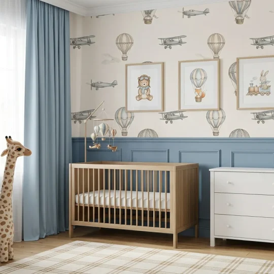 A modern nursery interior featuring Vintage Aviation wallpaper and blue wainscoting.