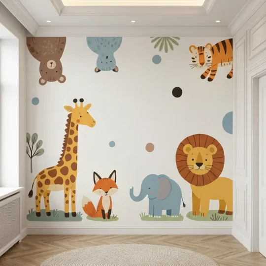Modern minimalist kids nursery featuring a safari animal wall mural with giraffes, lions, and elephants on a herringbone parquet floor.