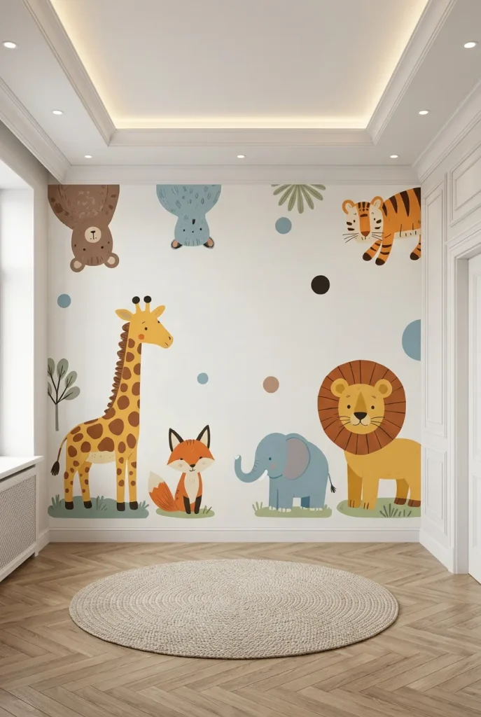 Modern minimalist kids nursery featuring a safari animal wall mural with giraffes, lions, and elephants on a herringbone parquet floor.