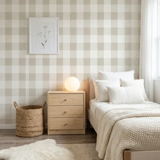 A modern farmhouse bedroom with a sand beige gingham buffalo check wallpaper feature wall, soft white bedding, and a Scandinavian boho aesthetic.