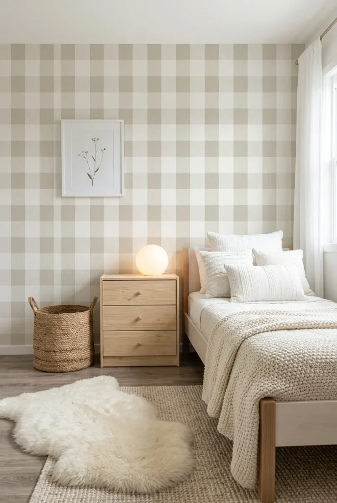A modern farmhouse bedroom with a sand beige gingham buffalo check wallpaper feature wall, soft white bedding, and a Scandinavian boho aesthetic.