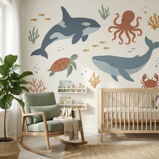 A modern Scandinavian nursery featuring an Under the sea mural with a blue whale, orca, and orange octopus on the back wall.