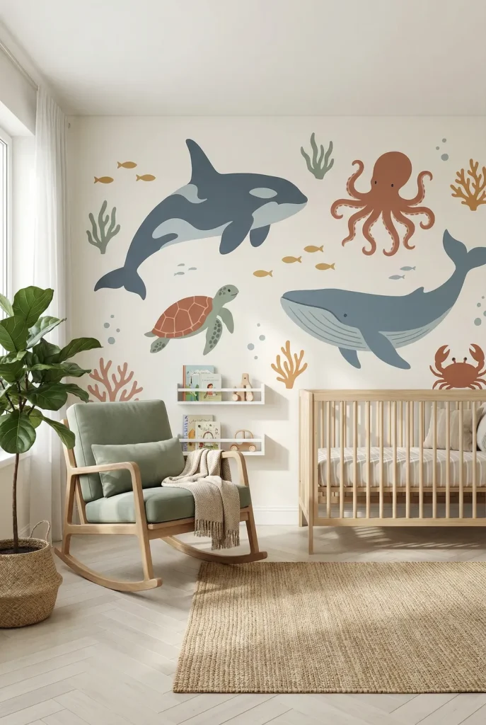 A modern Scandinavian nursery featuring an Under the sea mural with a blue whale, orca, and orange octopus on the back wall.