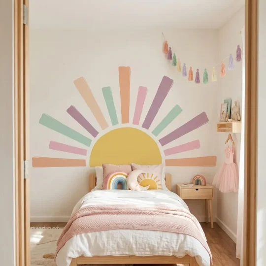 A whimsical Scandinavian-style child's bedroom featuring a minimalist Rainbow Wall Mural with a pastel sunrise design.