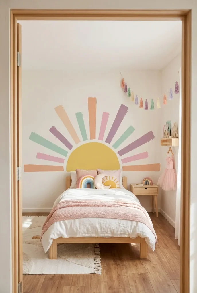 A whimsical Scandinavian-style child's bedroom featuring a minimalist Rainbow Wall Mural with a pastel sunrise design.