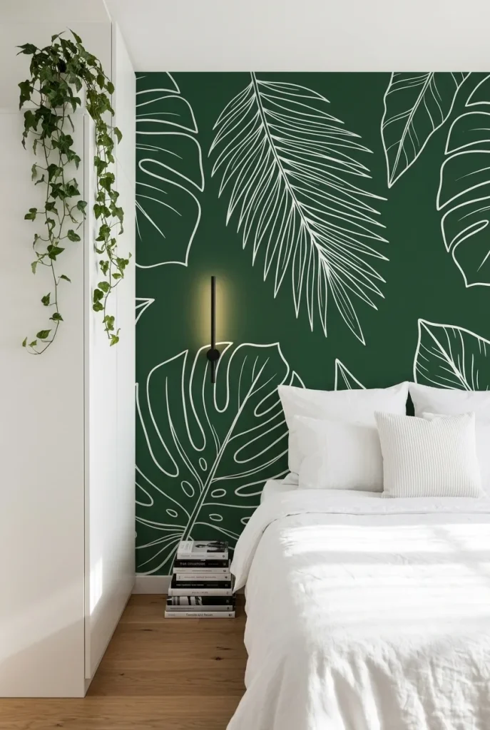 Modern Scandinavian bedroom with a large white tropical leaf line art mural on a dark forest green accent wall.