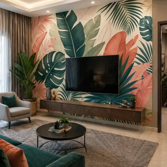 Modern living room with a tropical botanical mural feature wall behind a wall-mounted TV and floating console.