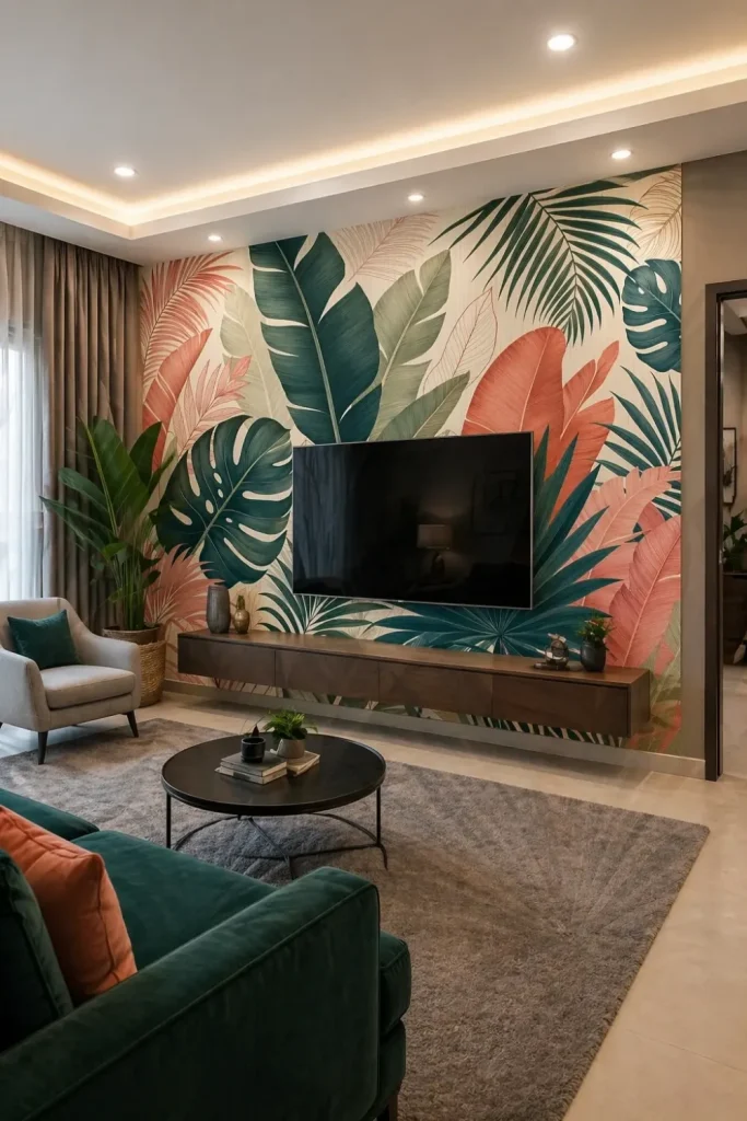 Modern living room with a tropical botanical mural feature wall behind a wall-mounted TV and floating console.