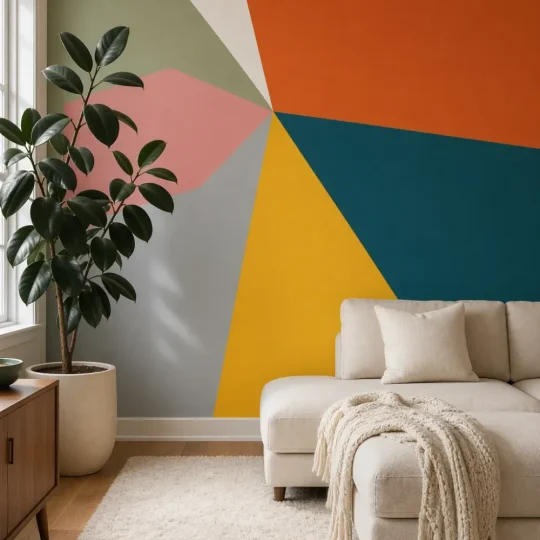 A modern minimalist living room featuring a vibrant geometric mural with mustard yellow and burnt orange shapes on the main accent wall.