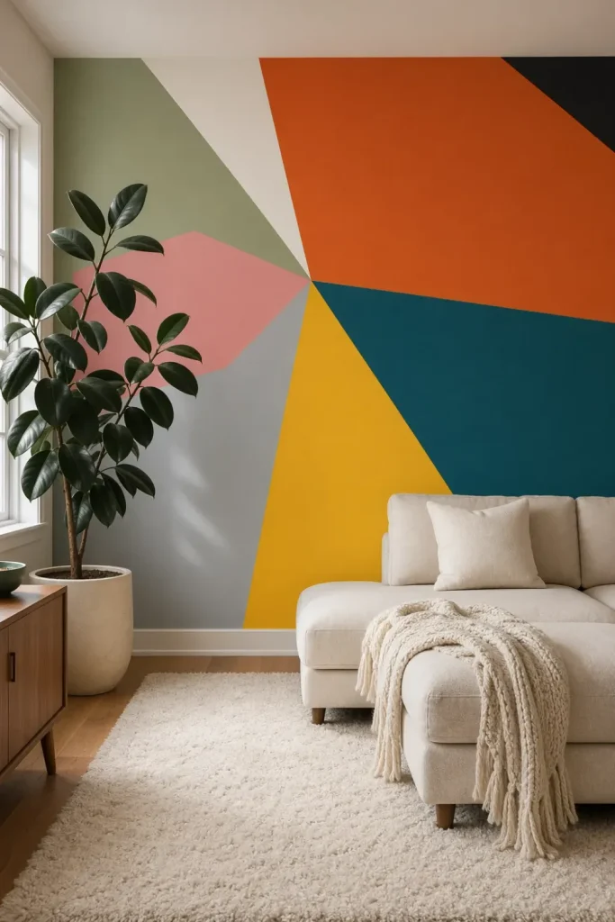 A modern minimalist living room featuring a vibrant geometric mural with mustard yellow and burnt orange shapes on the main accent wall.