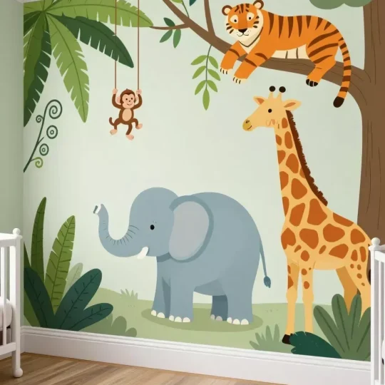 A modern nursery interior featuring a Safari Mural nursery with friendly illustrated animals on a mint green wall behind white cribs.