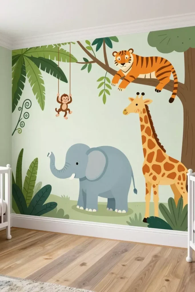 A modern nursery interior featuring a Safari Mural nursery with friendly illustrated animals on a mint green wall behind white cribs.