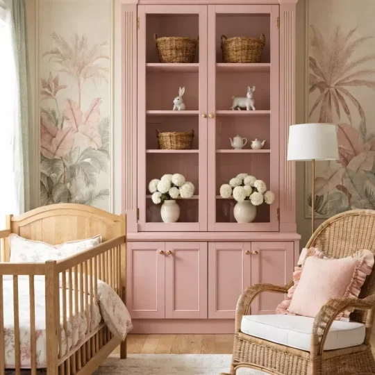 A serene nursery featuring custom Pink Nursery Wallpaper with tropical banana leaves inside vertical wall moulding panels.