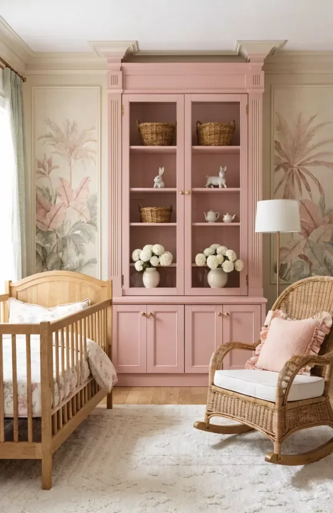 A serene nursery featuring custom Pink Nursery Wallpaper with tropical banana leaves inside vertical wall moulding panels.