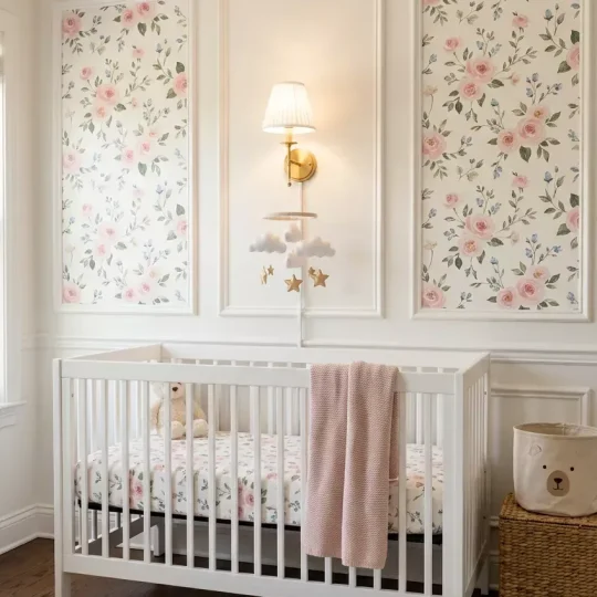 Traditional nursery with vintage floral wallpaper panels behind a white baby crib and gold wall sconce.